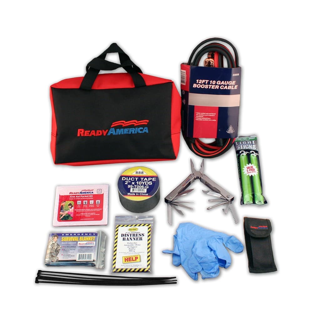 Roadside emergency kit contents arranged for review.